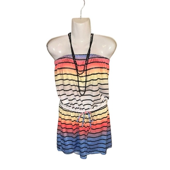 Rainbow XL Off shoulder Striped Drawstring Romper Jumpsuit - Picture 4 of 9